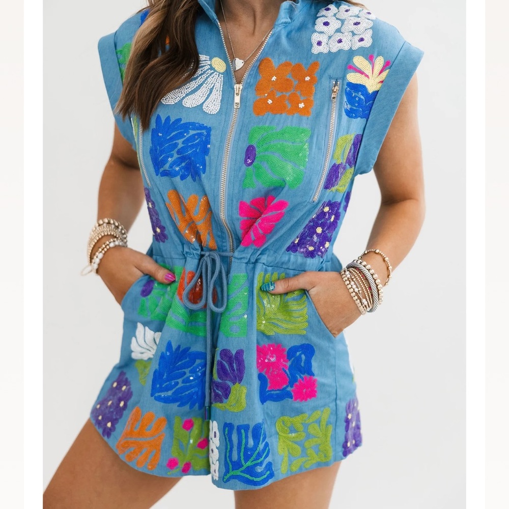 QUEEN OF SPARKLES Colorful Flower Tile Romper